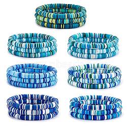 Handmade Polymer Clay Heishi Surfer Stretch Bracelets Set, Stackable Preppy Bracelets for Women, Deep Sky Blue, Inner Diameter: 2-1/8 inch(5.3cm), 21Pcs/set(BJEW-SW00099-03)