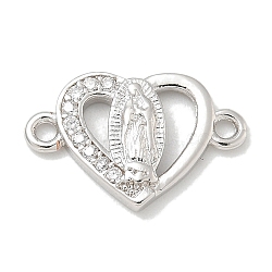 Rack Plating Brass Micro Pave Clear Cubic Zirconia Religion Heart Virgin Mary Connector Charms, Long-Lasting Plated, Lead Free & Cadmium Free, Platinum, 11.5x16.5x2.2mm, Hole: 1.6mm(KK-L224-099P-02)