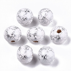 Spray Painted Natural Wooden Beads, Round with Crack Pattern, Silver, 10x9mm, Hole: 2mm(WOOD-R270-03A)