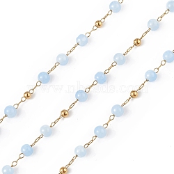 Dyed Natural Jade Round Beaded Chain, with Golden 304 Stainless Steel Satellite Chains, Unwelded, with Spool, Sky Blue, 2.5x1x0.3mm, 5x4mm, 3mm, about 32.81 Feet(10m)/Roll(CHS-C006-01G)