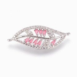 Brass Links, with Cubic Zirconia, Lead Free & Cadmium Free & Nickel Free, Long-Lasting Plated, Leaf, Pink, Platinum, 31.5x11.5x3mm, Hole: 1.2mm(KK-P150-26P-02)
