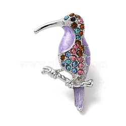 Woodpecker Platinum Zinc Alloy Enamel Pin, Rhinestones Brooches for Backpack Clothes, Purple, 32.5x20mm(JEWB-D068-02P-02)