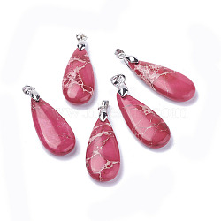 Natural Regalite/Imperial Jasper/Sea Sediment Jasper Pendants, Dyed, with Platinum Tone Brass Findings, teardrop, Deep Pink, 35~35.5x15~15.5x6.5~7.2mm, Hole: 4x4.2mm(G-L515-02A)