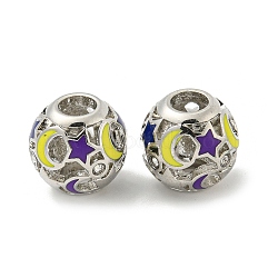 Alloy Enamel European Beads, with Rhinestone, Large Hole Beads, Round with Star & Moon, Platinum, 14x12.5mm, Hole: 5mm(FIND-E044-18P)