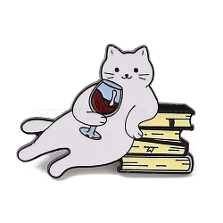 Drunk Cat Shaped Alloy Brooch, Kitten with Wine & Books Enamel Pins, for Backpack, Clothes, White, 26x35mm(JEWB-M046-07A)