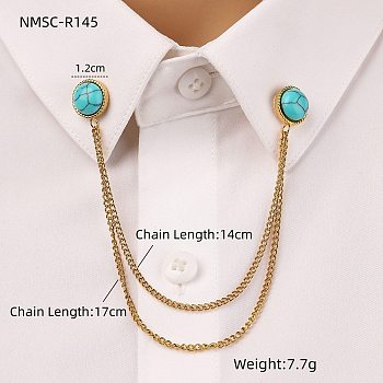 304 Stainless Steel Pave Dyed Synthetic Turquoise Hanging Chain Brooch, Golden, Round, 170mm, Brooch: 12mm