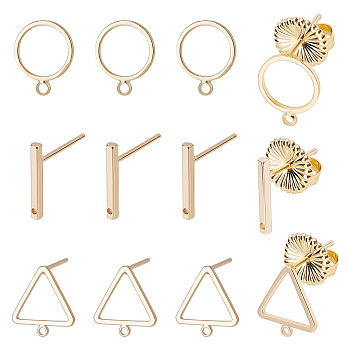 12Pcs 3 Style Brass Stud Earring Findings with Loop, with 12Pcs Ear Nuts, Rectangle & Ring & Triangle, Golden, 12.5x1.5~12mm, Hole: 0.8~1.4mm, Pin: 0.7~0.8mm, 4pcs/style