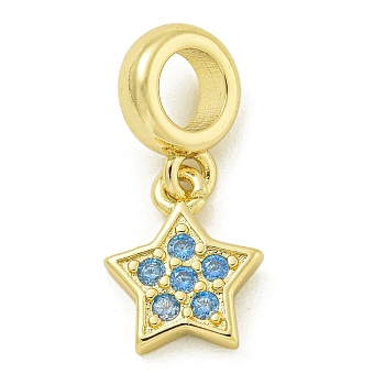 Rack Plating Brass Micro Pave Clear Cubic Zirconia European Dangle Pendants, Large Hole Pendants, Long-Lasting Plated, Lead Free & Cadmium Free, Star, Real 18K Gold Plated, 11.3x9.5x1.8mm, Hole: 4.6mm