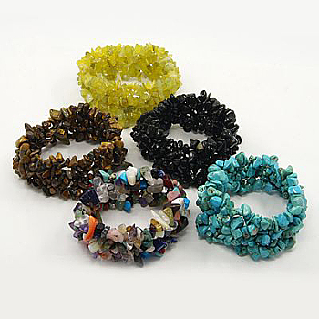Elastic Bracelet Mix, Chip Gemstone, Assorted Colors, about 5.1cm inner diameter, 23mm wide, Beads: about 3~8mm wide, 5~10mm long,