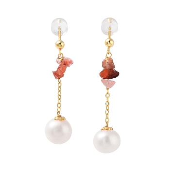 Round Natural Pearl Earrings for Women, Natural Agate Chip Sterling Silver Dangle Earrings, Real 18K Gold Plated, 35x9mm