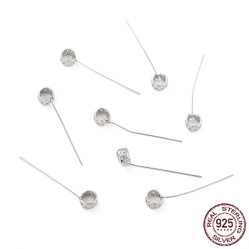 Rhodium Plated 925 Sterling Silver Eye Pins, with Snap on Bails, Hollow Flat Round, Platinum, 35x7.5~8mm, Hole: 5mm, Pin: 0.6mm