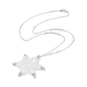 Synthetic Hematite & Glass Beaded Snowflake Pendant Necklace, Brass Jewelry for Women, Clear, 18.03''(45.8cm)