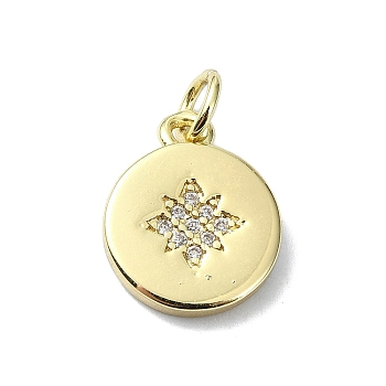 Star Theme Brass Micro Pave Clear Cubic Zirconia Pendants, with Jump Ring, Real 18K Gold Plated, Flat Round, 14x11x2mm, Hole: 3mm