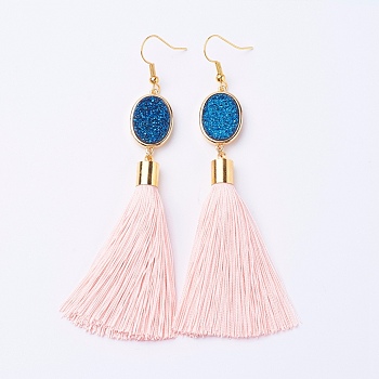 Ice Silk Thread Tassel Dangle Earrings, with Electroplated Natural Druzy Quartz Crystal and Brass Earring Hooks, Golden, PeachPuff, 98mm, Pin: 0.6mmg, Pendant: 80x14x7mm