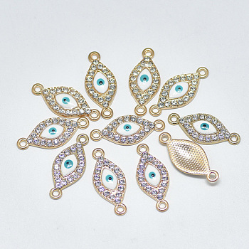 Light Gold Plated Alloy Links, with Crystal Rhinestone and Enamel, Evil Eye, White, 26x11x2.5mm, Hole: 1.8mm