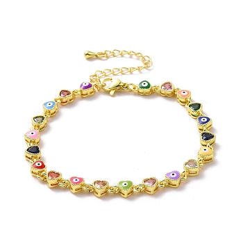 Enamel Evil Eye & Cubic Zirconia Heart Link Chain Bracelet, Golden Brass Jewelry for Women, Colorful, 7-1/8 inch(18.2cm)