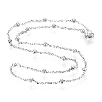 304 Stainless Steel Cable Chain Necklaces, with Round Beads and Lobster Claw Clasps, Stainless Steel Color, 20~20.2 inch(50.8~51.3cm)