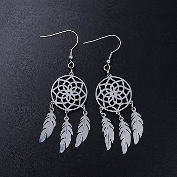 Tarnish Resistant 201 Stainless Steel Chandelier Earrings, Woven Net/Web with Feather, Stainless Steel Color, 70x20mm, Pin: 0.7mm