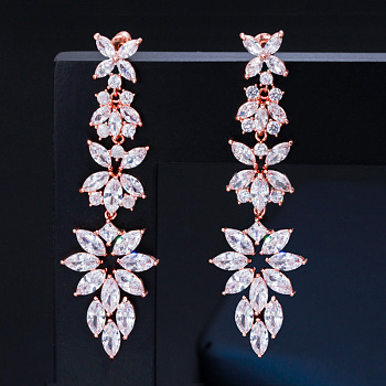 Brass Micro Pave Clear Cubic Zirconia Dangle Stud Earrings, Leaf, Rose Gold, 62mm