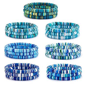 Handmade Polymer Clay Heishi Surfer Stretch Bracelets Set, Stackable Preppy Bracelets for Women, Deep Sky Blue, Inner Diameter: 2-1/8 inch(5.3cm), 21Pcs/set