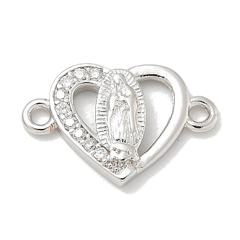 Rack Plating Brass Micro Pave Clear Cubic Zirconia Religion Heart Virgin Mary Connector Charms, Long-Lasting Plated, Lead Free & Cadmium Free, Platinum, 11.5x16.5x2.2mm, Hole: 1.6mm