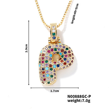 Brass Pave Colorful Cubic Zirconia Letter Pendant Box Chain Necklaces, Golden, Letter P, 15.75 inch(40cm)