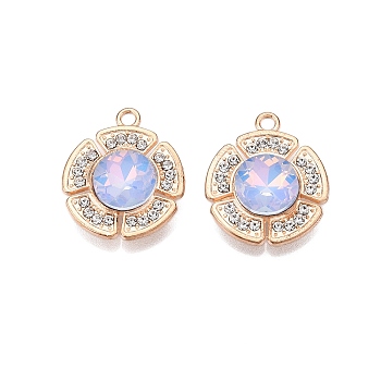 Alloy Glass Pendants, with Rhinestone, Cadmium Free & Lead Free, Flower Charms, Light Sky Blue, 23x20x6mm, Hole: 2mm