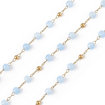 Dyed Natural Jade Round Beaded Chain, with Golden 304 Stainless Steel Satellite Chains, Unwelded, with Spool, Sky Blue, 2.5x1x0.3mm, 5x4mm, 3mm, about 32.81 Feet(10m)/Roll