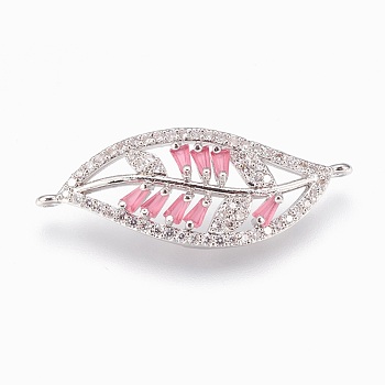 Brass Links, with Cubic Zirconia, Lead Free & Cadmium Free & Nickel Free, Long-Lasting Plated, Leaf, Pink, Platinum, 31.5x11.5x3mm, Hole: 1.2mm