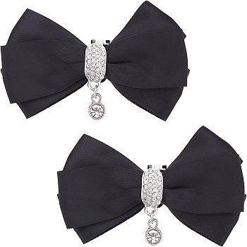 2Pcs Detachable Polyester Bowknot Shoe Decoration, with Alloy Buckle Clip, Crystal Glass Rhinestone, Black, 90x50mm
