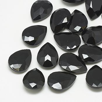 Pointed Back Glass Rhinestone Cabochons, Faceted, teardrop, Jet, 14x10x4.5mm