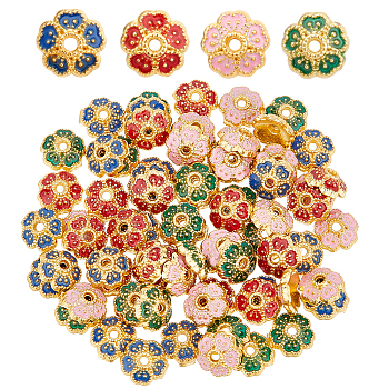 80Pcs 4 Colors Alloy Enamel Bead Caps, 5-Petal, Flower, Mixed Color, 6x2.2mm, Hole: 0.9mm, 20pcs/color