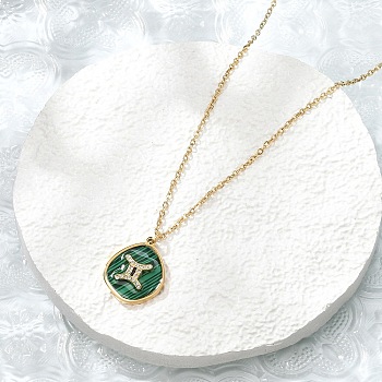 304 Stainless Steel Micro Pave Cubic Zirconia constellation Pendant Necklaces, with Synthetic Malachite, Golden, Gemini, 17.72 inch(45cm) long+50mm extender