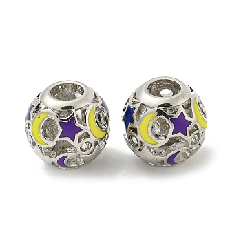 Alloy Enamel European Beads, with Rhinestone, Large Hole Beads, Round with Star & Moon, Platinum, 14x12.5mm, Hole: 5mm