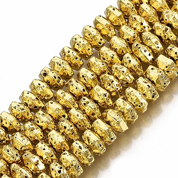 Electroplated Natural Lava Rock Beads Strands, Hexagon, Bumpy, Golden Plated, 6.5x7.5x4mm, Hole: 1.2mm, about 105pcs/strand, 15.75 inch~15.94 inch(40cm~40.5cm)