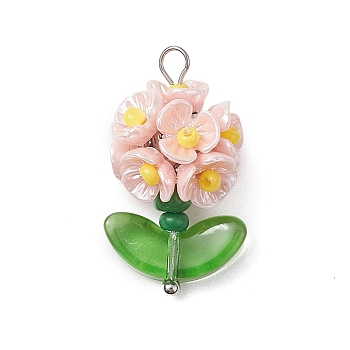 Glass Seed Beaded Flower Pendants, with Resin & Brass Finding, Pink, 25x14x13mm, Hole: 3x2.5mm