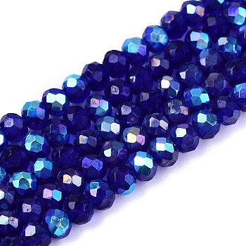 Electroplate Glass Beads Strands, Half Rainbow Plated, Faceted, Rondelle, Dark Blue, 3.5~3.8x3mm, Hole: 0.4mm, about 113~115pcs/strand, 32.5~33cm