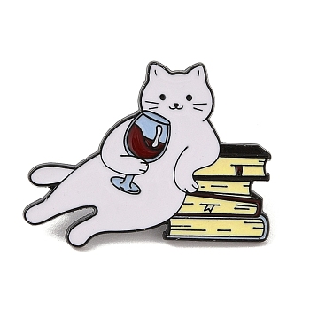 Drunk Cat Shaped Alloy Brooch, Kitten with Wine & Books Enamel Pins, for Backpack, Clothes, White, 26x35mm