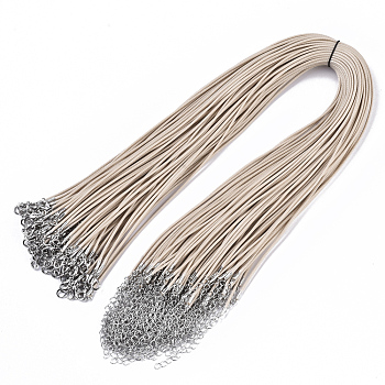 Waxed Cotton Cord Necklace Making, with Alloy Lobster Claw Clasps and Iron End Chains, Platinum, Wheat, 44~48cm, 1.5mm
