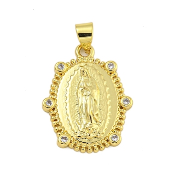 Religion Theme Rack Plating Brass Micro Pave Cubic Zirconia Pendants, Long-Lasting Plated, Cadmium Free & Lead Free, Real 18K Gold Plated, Oval, 23x17.5x3.5mm, Hole: 4.5x3.5mm