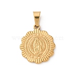 201 Stainless Steel Pendants, PVD Vacuum Plating, Long-Lasting Plated, Flat Round with Virgin Mary Charm, Golden, 21x18.5x2mm, Hole: 7x3mm(STAS-C130-04C-G)