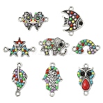 8Pcs 8 Styles Alloy Links/Connectors, with Resin and Rhinestone, Antique Silver, Mixed Shapes, 11~25x11.5~24x2~3.5mm, Hole: 1.5~1.8mm, 1pc/style (FIND-YW0009-97)