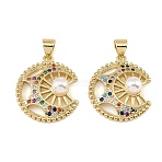 Brass Micro Pave Colorful Cubic Zirconia Pendants, with ABS Imitation Pearl, Moon with Sun Charms, Golden, 21x18x7mm, Hole: 5x3.5mm(CU-CBA9175-15G)