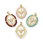 Brass Pave Shell Pendants, Oval Charms with Glass Beads Wrapped and ABS Imitation Pearl Beads, Real 18K Gold Plated, Mixed Color, 31~32x23.5x4.5mm, Hole: 3.5x4.5mm(KK-I708-01-G)