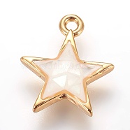 Brass Enamel Charms, with Freshwater Shell, Star, Golden, Floral White, 13x11x2.5mm, Hole: 1.2mm(KK-E763-10A-G)