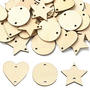 30Pcs 3 Styles Undyed Unfinished Wood Connector Charms, Flat Round & Heart & Star Links, Blanched Almond, 29.5~30x30~31x2.5mm, Hole: 2~2.5mm, 10pcs/style(WOOD-YW0001-12)