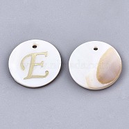 Natural Freshwater Shell Pendants, with Golden Plated Brass Etched Metal Embellishments, Flat Round with Letter, Letter.E, 15x2mm, Hole: 1.2mm(X-SHEL-N027-04E)