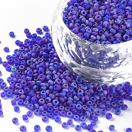 12/0 Grade A Round Glass Seed Beads, Transparent Frosted Style, AB Color Plated, Dark Blue, 2x1.5mm, Hole: 0.8mm, about 30000pcs/bag(SEED-Q010-M544)