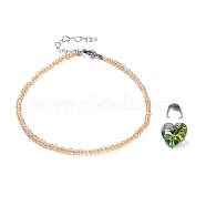 Electroplate Glass Beads Anklets, with 304 Stainless Steel Heart Link Chains & Lobster Claw Clasps & Snap on Bails, Heart Glass Pendants, Peru, 8-7/8 inch(22.5cm)(AJEW-AN00279-05)