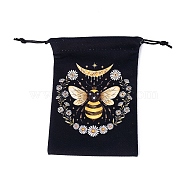 Rectangle Velvet Bags, Drawstring Pouches, for Gift Wrapping, Black, Bees Pattern, 18x14cm(TP-E004-01F)